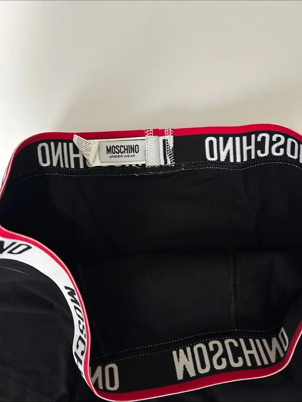 Moschino Black Boxer Briefs with White Logo Waistband and Red Trim
